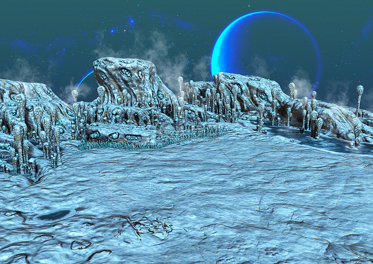 冰冻的外星土地的幻想场景，蓝色