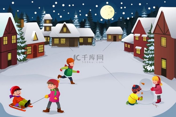 快乐的孩子们一起在冬季仙境玩耍
