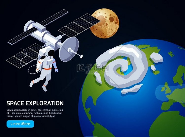 太空探索等距背景与文本了解更多