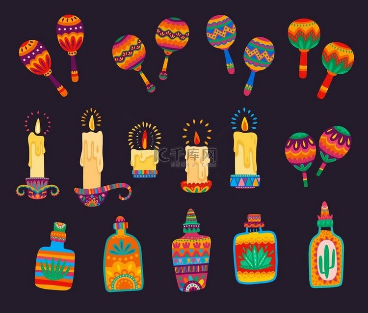 墨西哥卡通马拉卡斯、蜡烛和龙舌