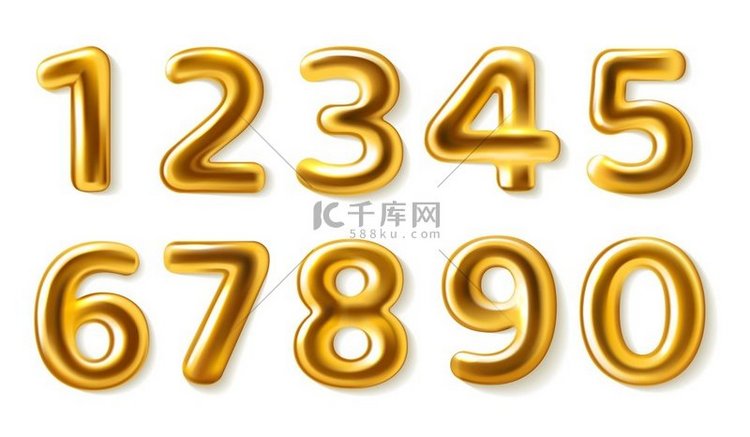 金色数字从零到九的逼真金属丰满