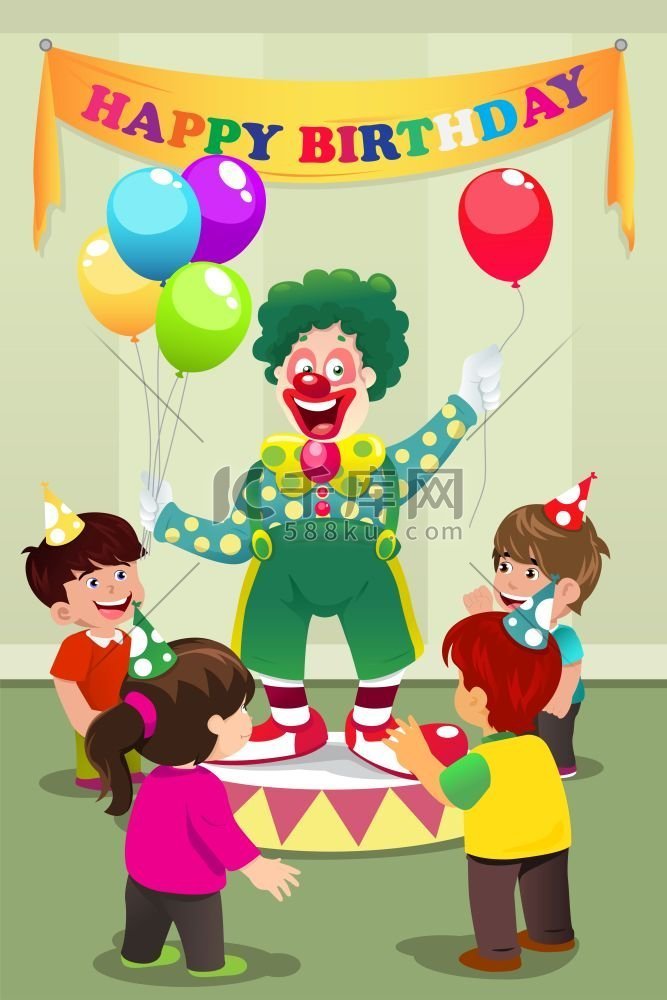 小丑携带气球参加儿童生日派对的