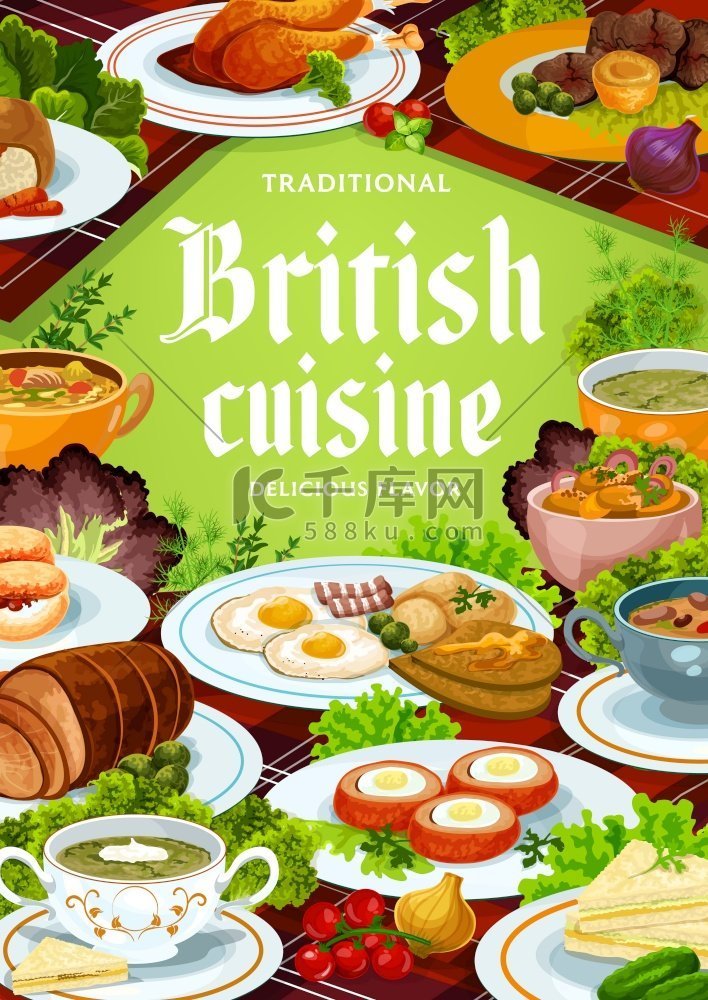 英国菜矢量食物膳食英式肾汤、烤