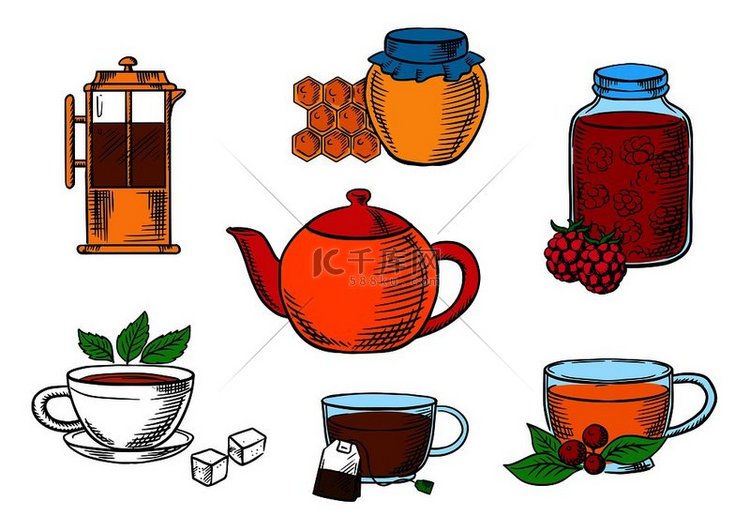 带罐子的茶图标、蜂蜜和覆盆子果