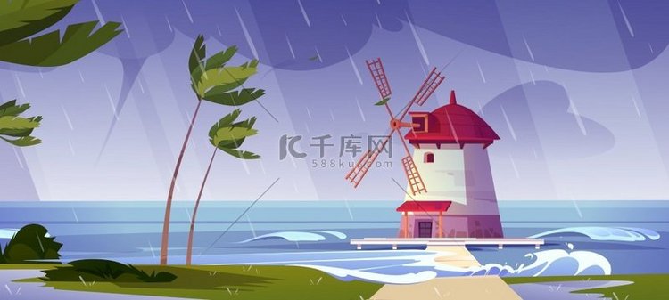 暴风雨时海上的灯塔风车自然海洋