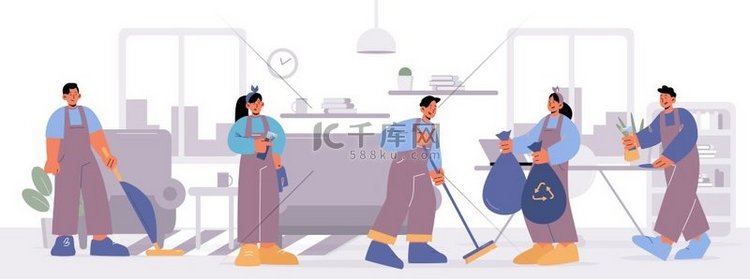 清洁服务人员在客厅工作。