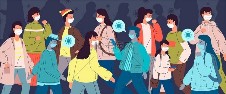 冠状病毒隔离一群人戴着医用口罩