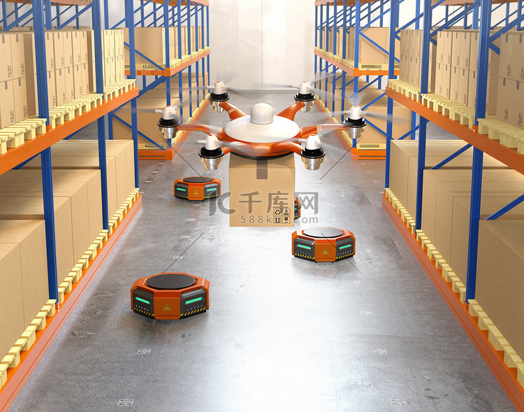 无人机和橙色的机器人在现代仓库