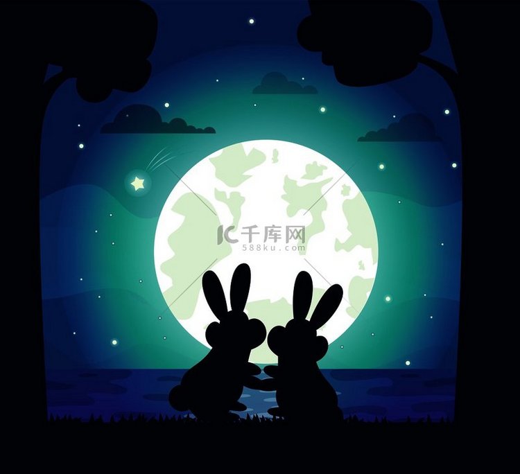 夜空和兔子的剪影，星星和满月，