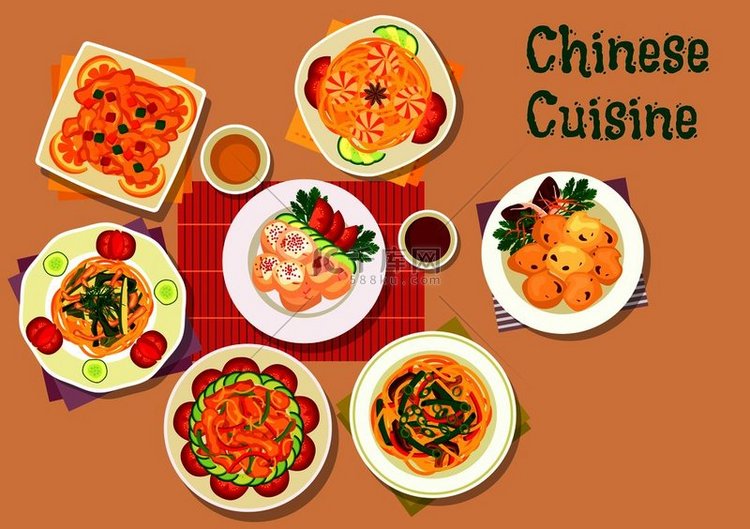中国菜午餐图标有虾面、菠菜猪肉
