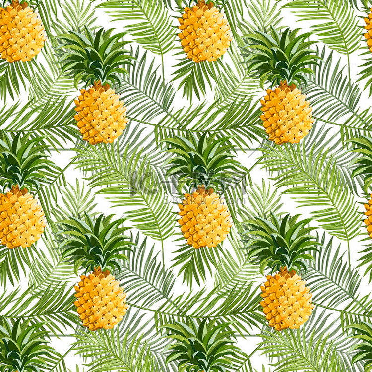 热带棕榈叶和菠萝背景-无缝模式