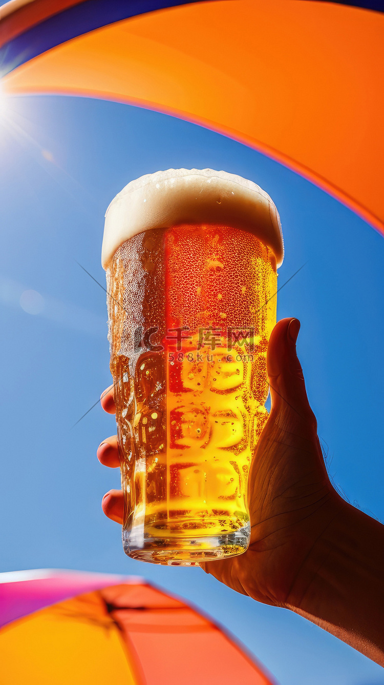 啤酒夏季海边手拿啤酒阳光