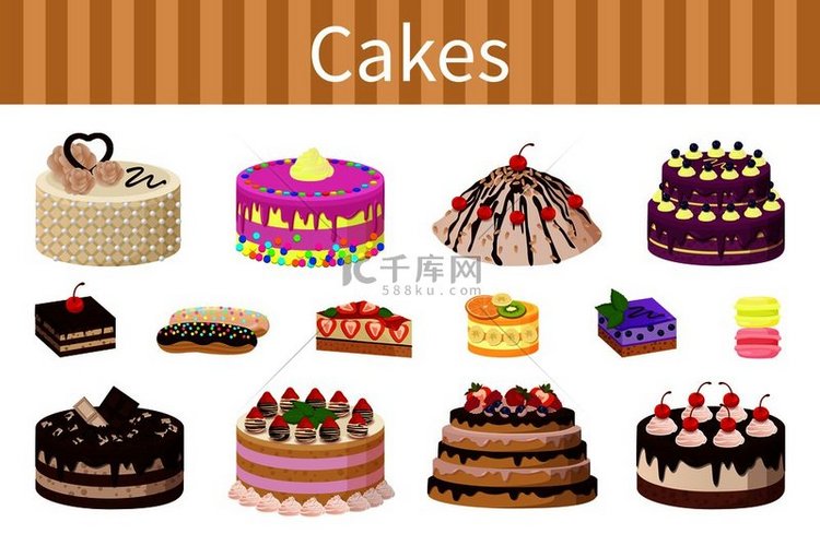 蛋糕各种美味的甜点矢量插图不同