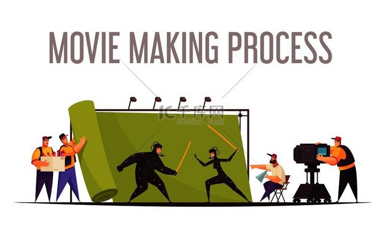 电影制作过程平面卡通组合与电影