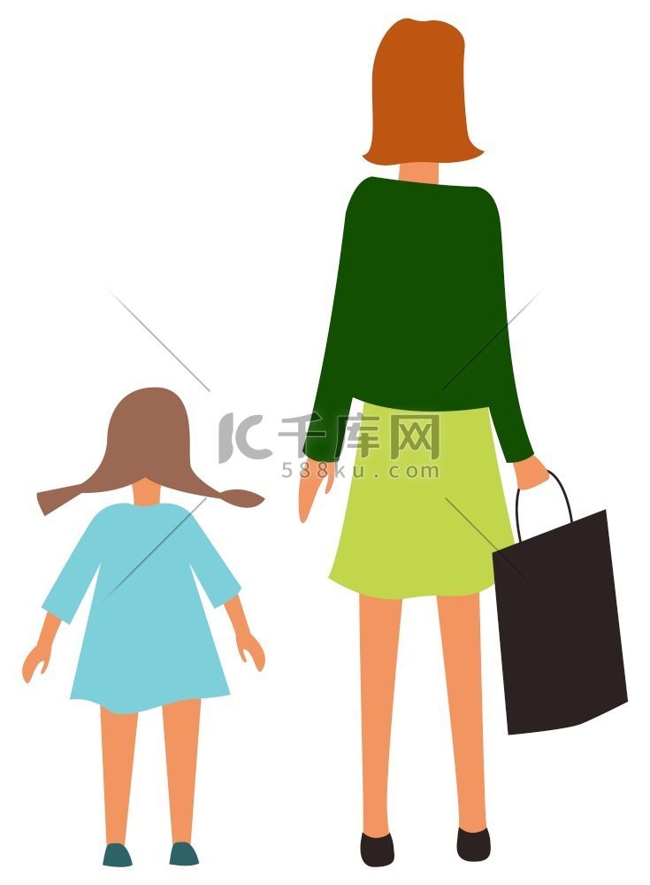 母亲和女儿背影孤立的卡通人物。