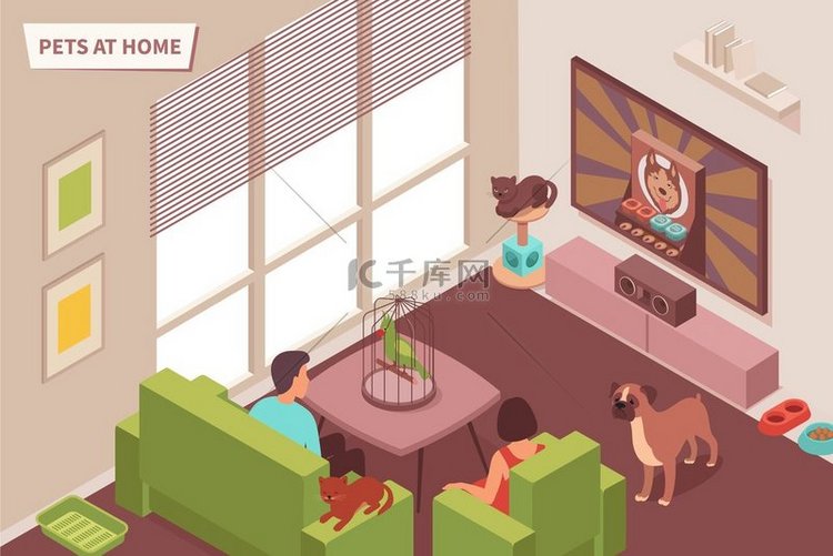 宠物家庭等距组合与家庭室内和人