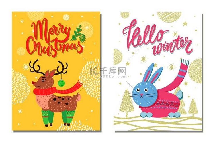 圣诞快乐你好冬天明信片与兔子在