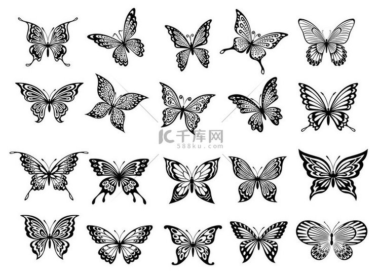 一套二十只华丽的黑白飞舞的蝴蝶