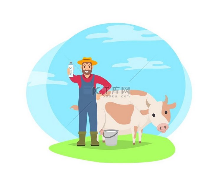 农民与奶牛在田间矢量徽章上的卡