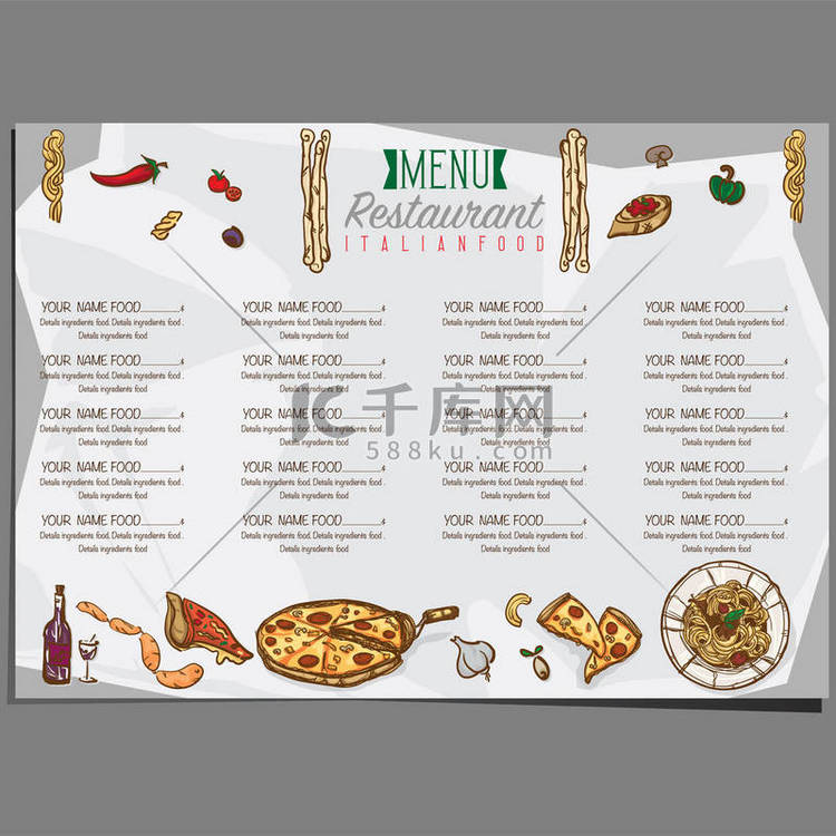 菜单的意大利美食模板设计手绘图