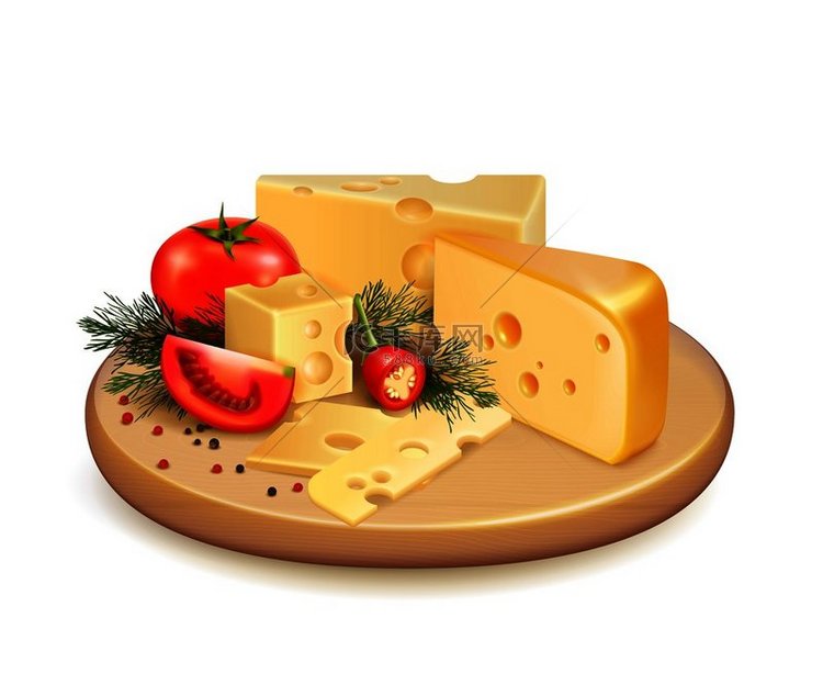奶酪与蔬菜、新鲜蔬菜和香料在木