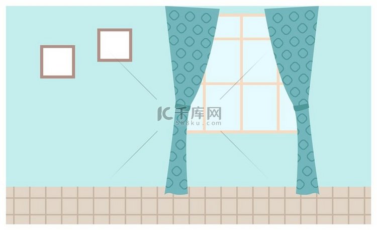 客厅窗户的插图与蓝色窗帘和墙上
