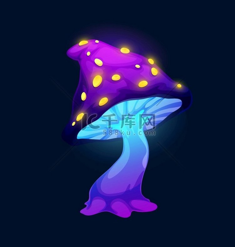 带有黄色生长的奇幻魔法紫色蘑菇