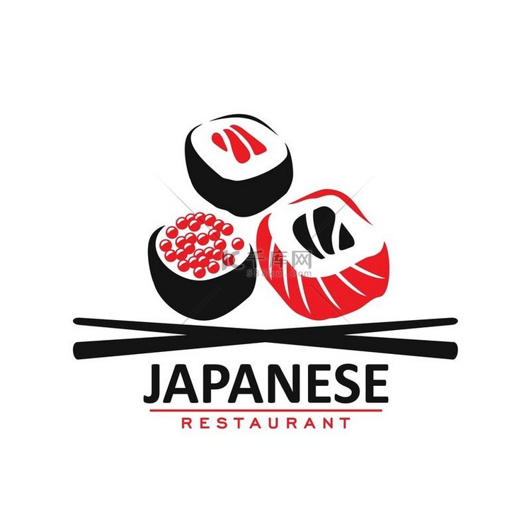 日本料理餐厅图标、 面包卷和棍