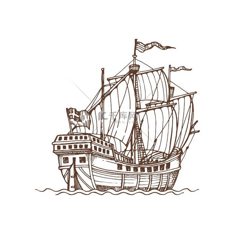 复古战舰帆布帆船草图波浪上的装