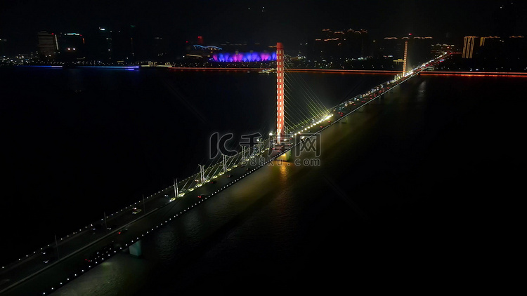 杭州西兴大桥车流交通夜景全景
