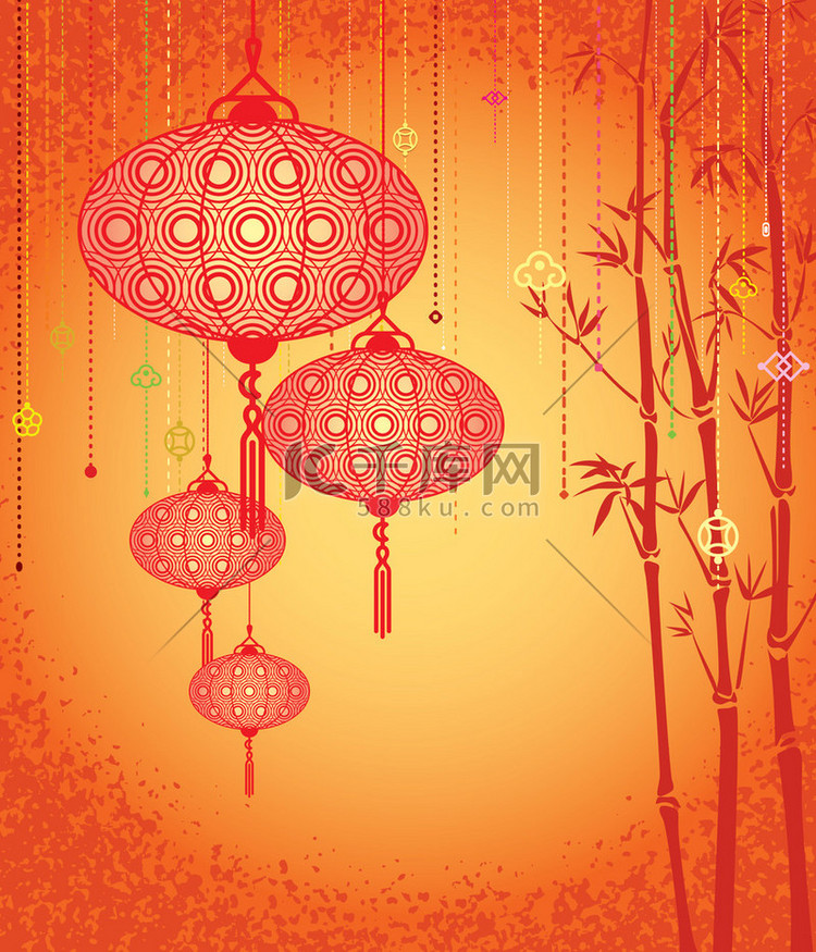 橙色的灯笼和竹背景