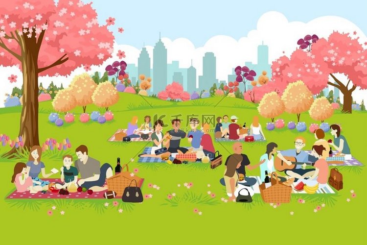 春天人们在公园野餐的矢量图解