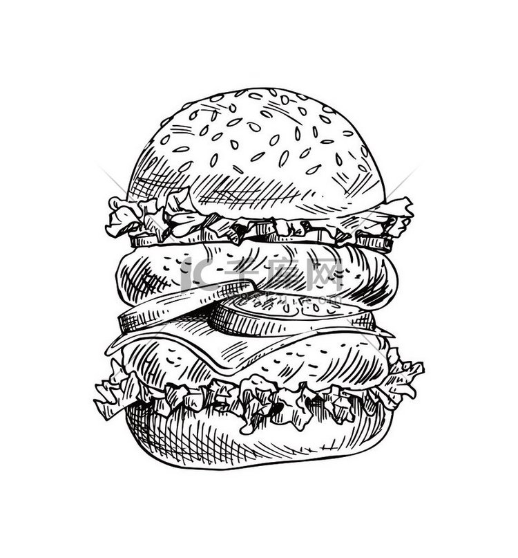 手绘双汉堡矢量单色插图快餐徽章