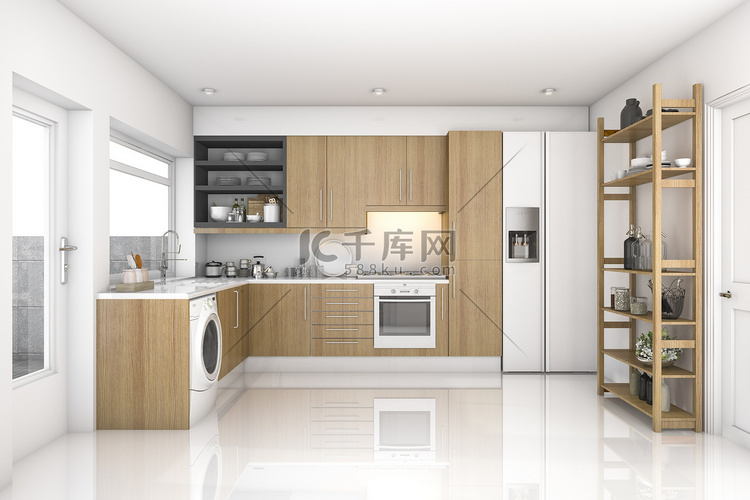 3d 渲染木现代洗衣房和厨房