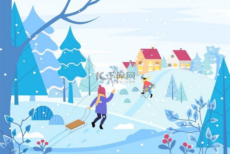 寒假季节风景如画有孩子拉雪橇拥