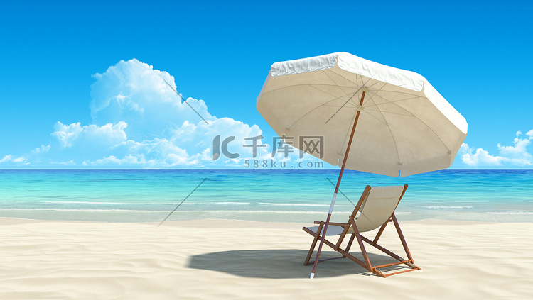 沙滩椅和田园热带沙滩上的伞。无