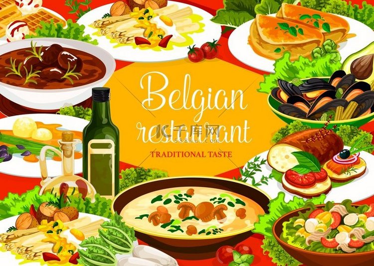 比利时美食餐厅食物，肉类、蔬菜