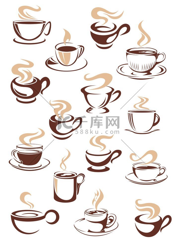 一组矢量草图，热腾腾的咖啡或茶