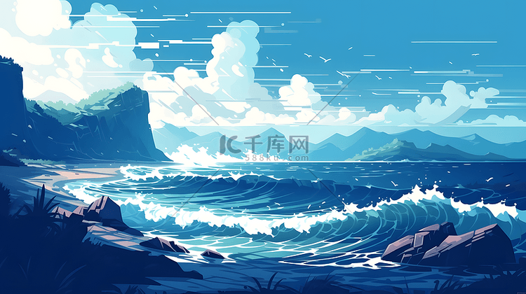 大场景蓝色大海海浪背景插画