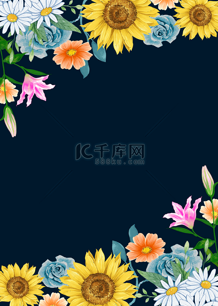 鲜艳花朵装饰水彩花卉海军蓝背景