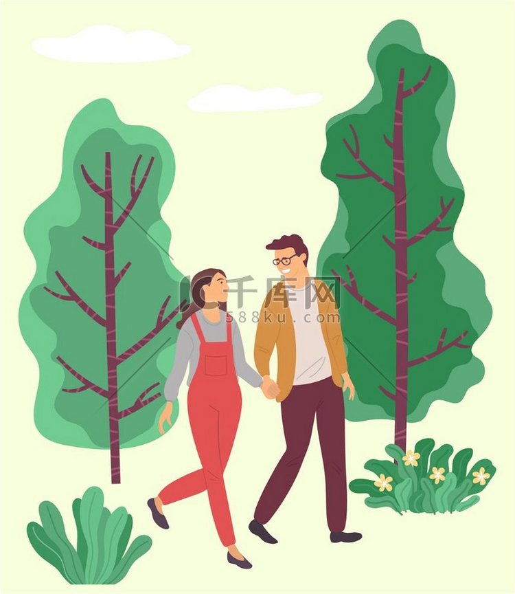 男人和女人在森林里散步，情侣手