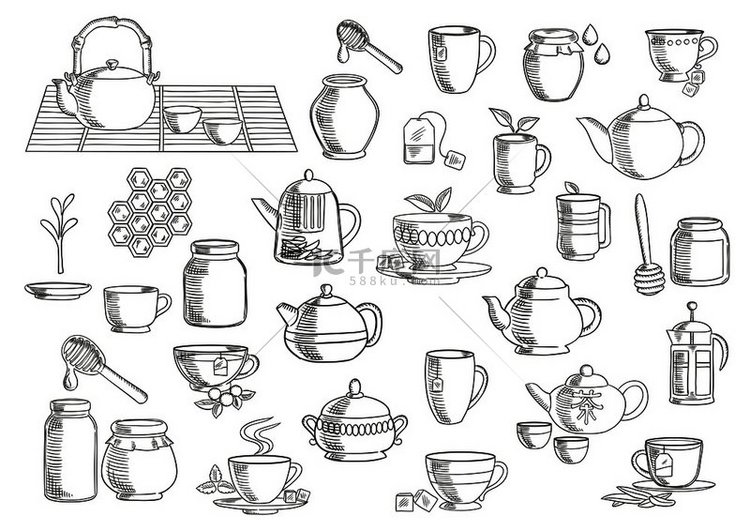 茶和饮料手绘图标设置有杯子和杯