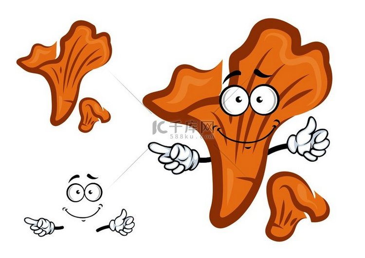 卡通笑脸橙色鸡油菌蘑菇字符与黄