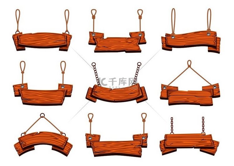 悬挂的木制标志带绳索的空白木制