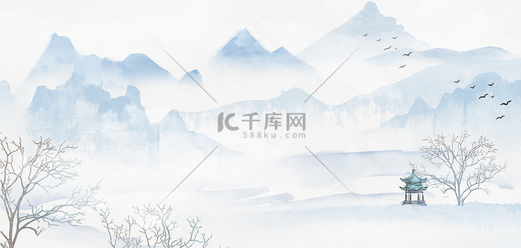 中国风群山蓝色国风水墨banner