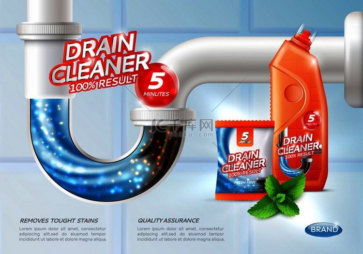 排水管清洁剂海报广告，带有冲洗