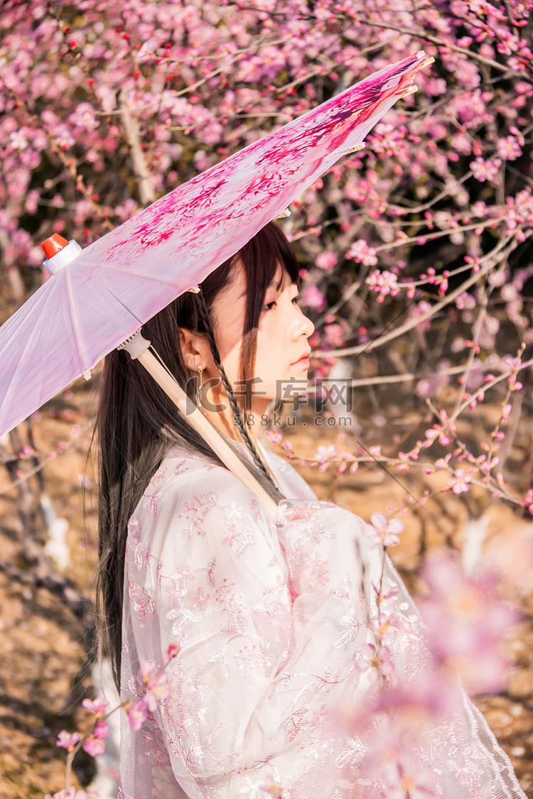 古风美女打伞桃花园赏花摄影图配