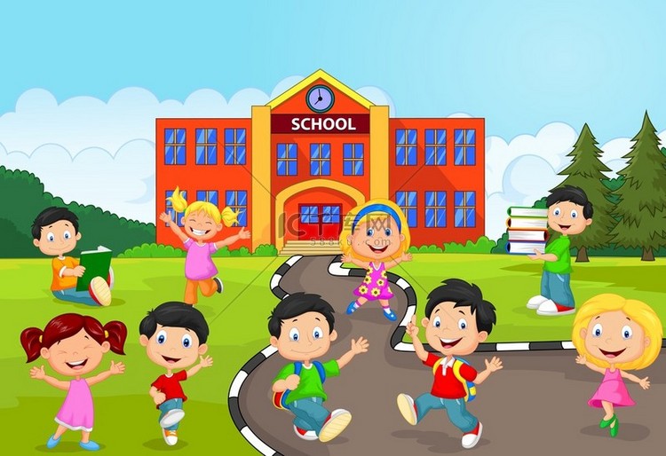在学校前面的快乐学校儿童卡通