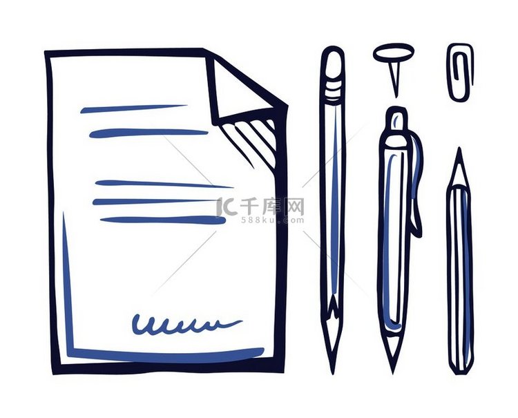 办公用纸笔和铅笔针设置单色草图