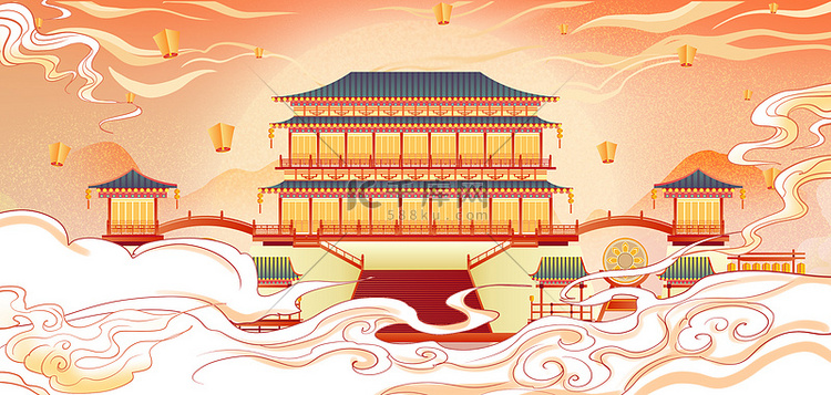 国庆节国风云橙色中国风大气海报
